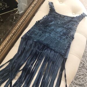 Fringed Crochet Tank Top in Denim Blue